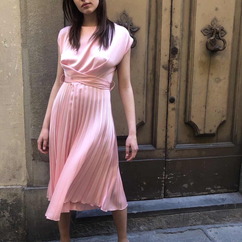 Pleated Pink Satin Dress from  Florence, Italy. Brand new lightweight chic